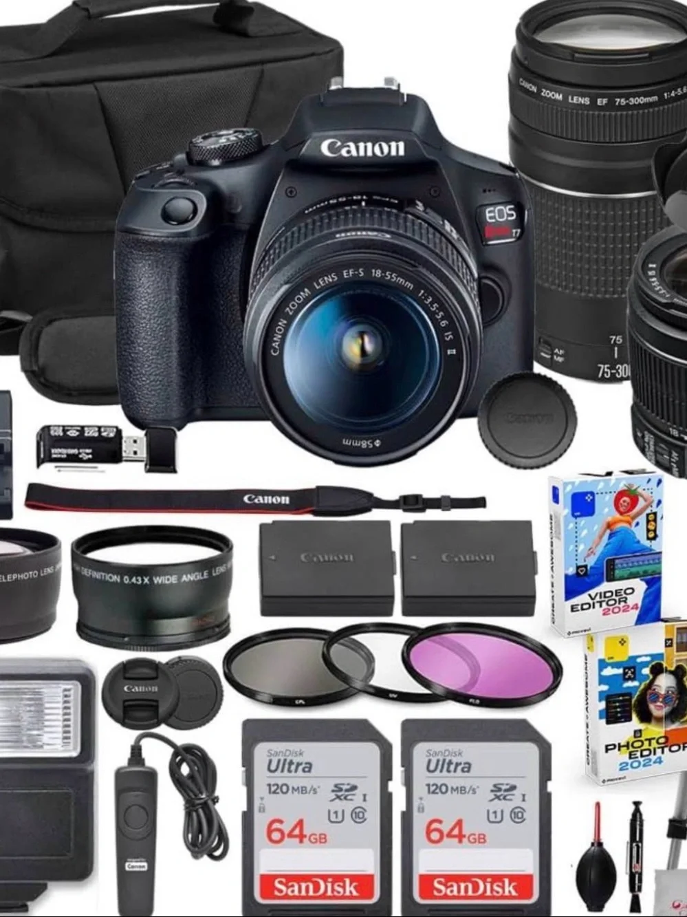 Canon DSLR Camera Kit with Black Body and Silver Lens Accents